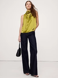 Stretch-Satin Tie-Neck Top