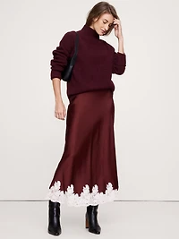 Stretch-Satin Lace-Hem Midi Skirt