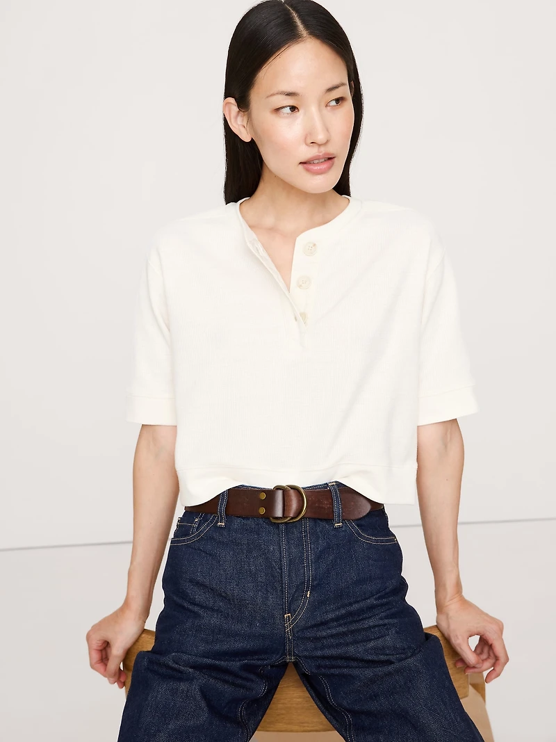 Waffle-Knit Cropped Henley
