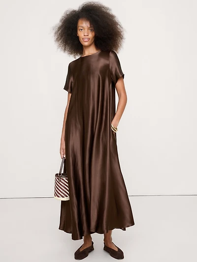 ITALIAN SATIN TRAPEZE LONG MIDI DRESS