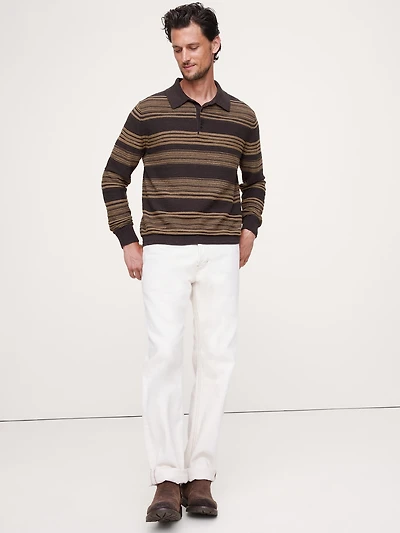 Stripe Cotton-Linen Sweater Polo Shirt