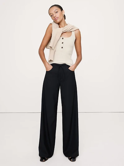 Mid-Rise Wide-Leg Wool-Blend Pull-On Pant