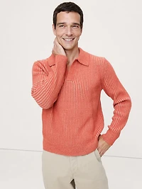 Merino-Cotton Ribbed Sweater Polo Shirt