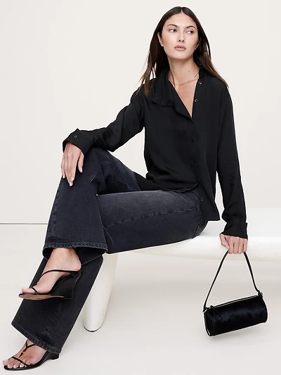 Drapey Twill Asymmetrical Button-Front Blouse