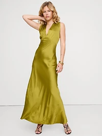 Stretch-Satin Cross-Back Maxi Dress