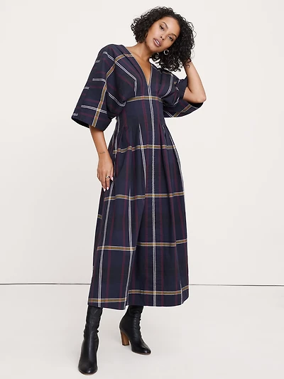 Plaid Pleated Poplin Maxi Dress