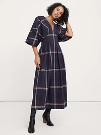 Plaid Pleated Poplin Maxi Dress
