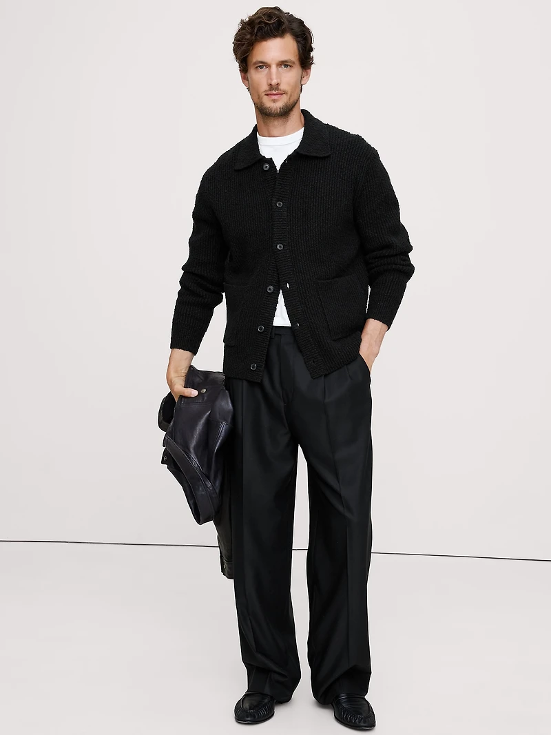 Bouclé Ribbed Polo Shirt Cardigan