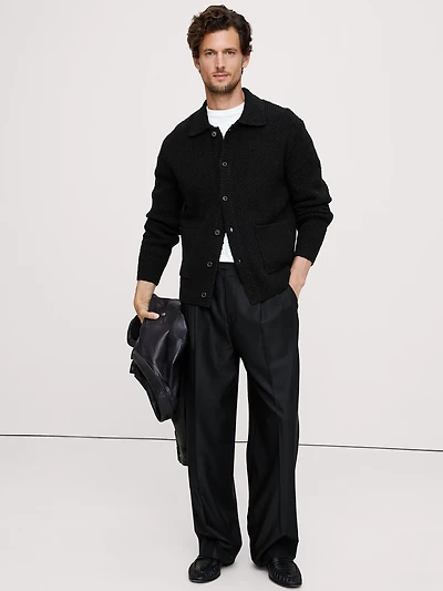 Bouclé Ribbed Polo Shirt Cardigan