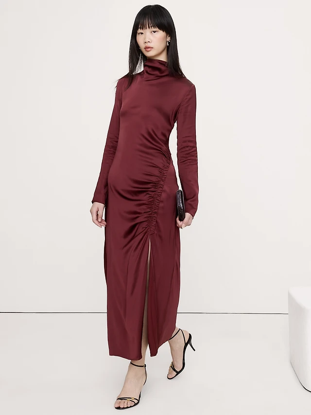 fira asymmetric neck ruched maxi dress Trendy, Chic Women's Clothing Boutique Fore Collection Asymmetric Neck Maxi Dress for Women, Grey, 91% Rayon, 9% Spandex, Hand Wash Cold Lane 201 main image 0