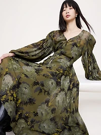 Georgette Puff-Sleeve Maxi Dress