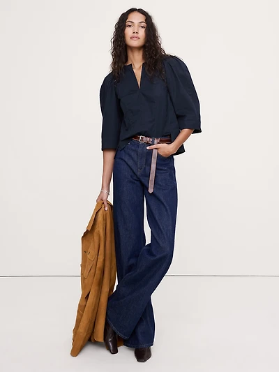 Stretch-Cotton Volume-Sleeve Top