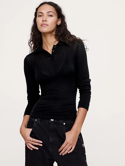 Sheer Lyocell-Wool Polo Shirt