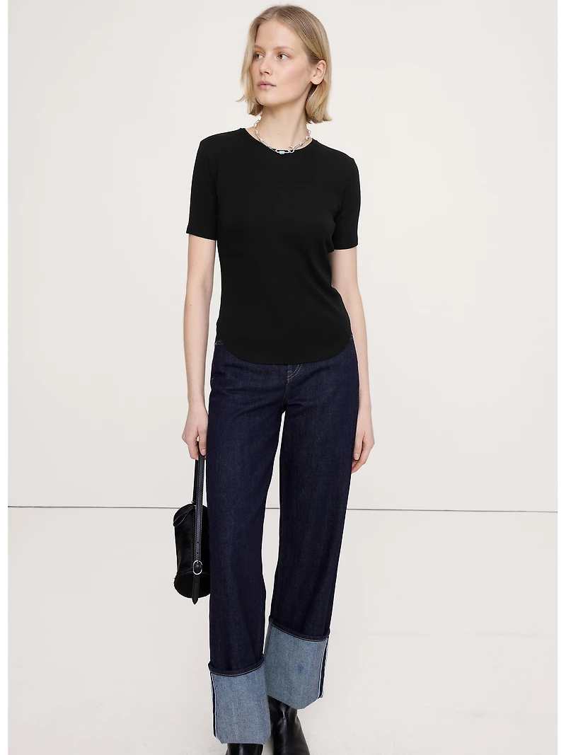 Baby Rib Cotton Elbow-Sleeve T-Shirt