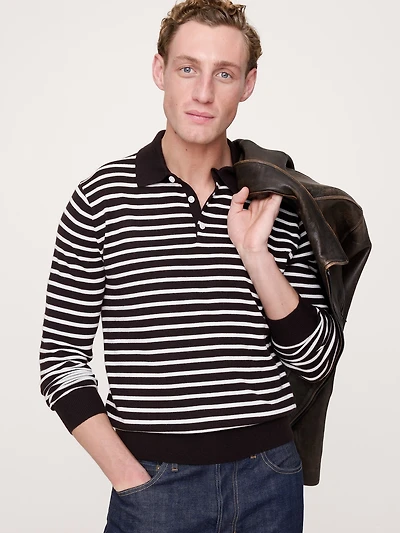 Merino Stripe Long-Sleeve Sweater Polo Shirt