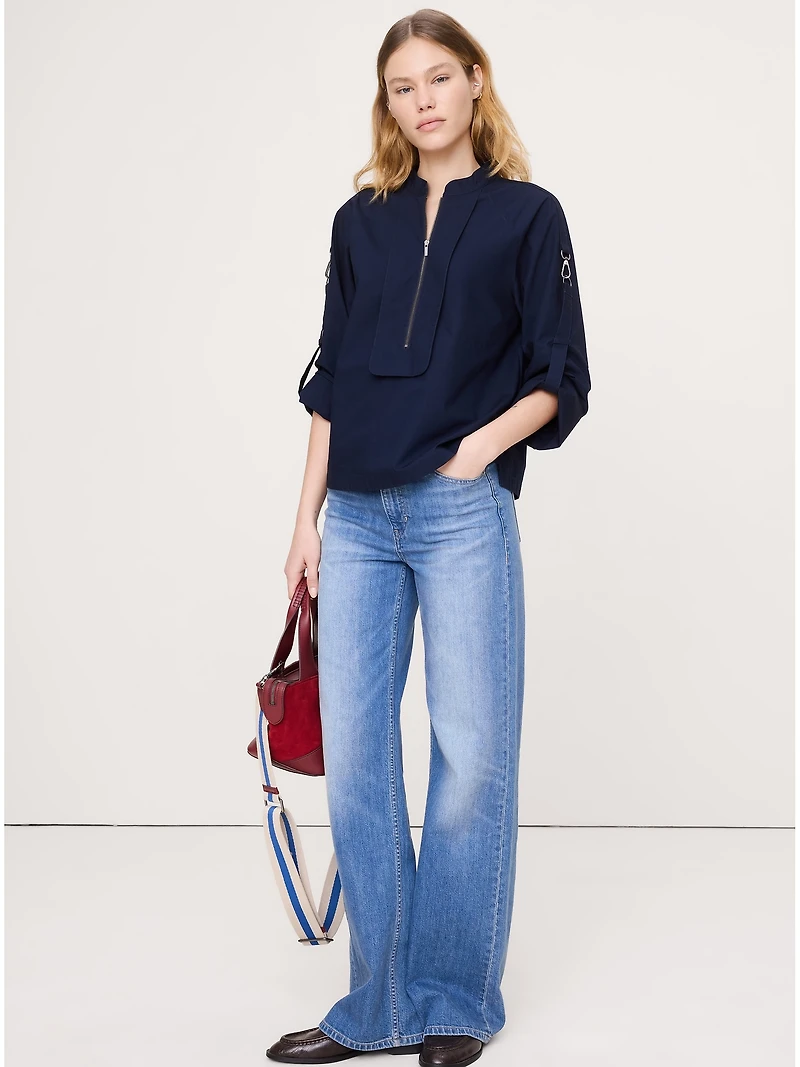 Cotton Poplin Zip Popover Top