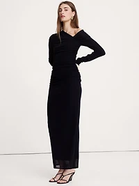 Mesh Asymmetric Ruched Maxi Dress