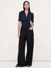 Ribbed Elbow-Sleeve Polo Shirt