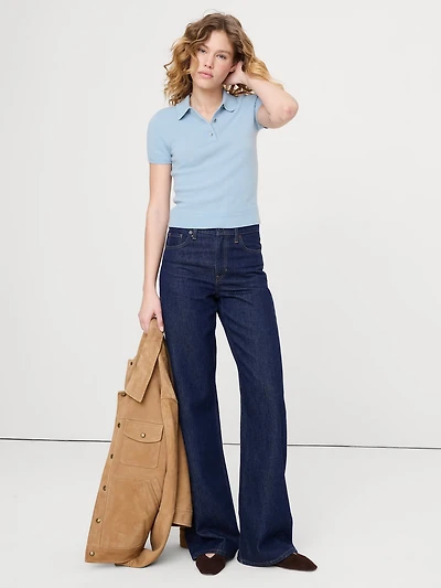 Lightweight Cashmere Short-Sleeve Sweater Polo Shirt
