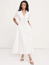 Cotton Canvas Zip-Front Maxi Dress