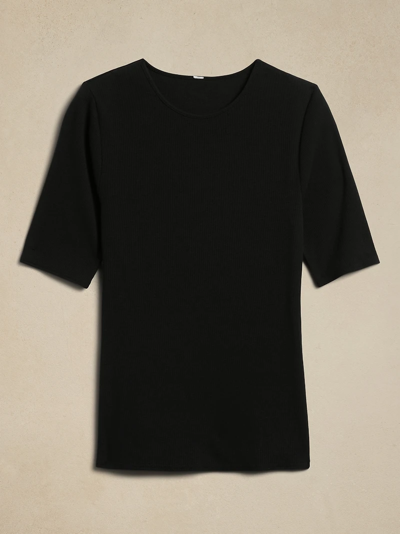 Ribbed Elbow-Sleeve T-Shirt