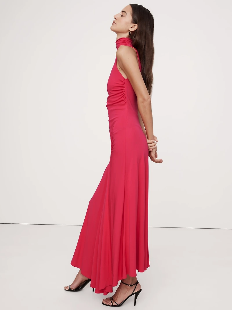 Jersey Knit Mock-Neck Maxi Dress