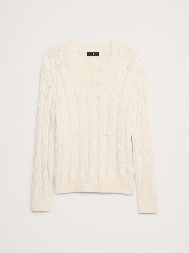 Relaxed Cable-Knit Cotton-Blend V-Neck Sweater