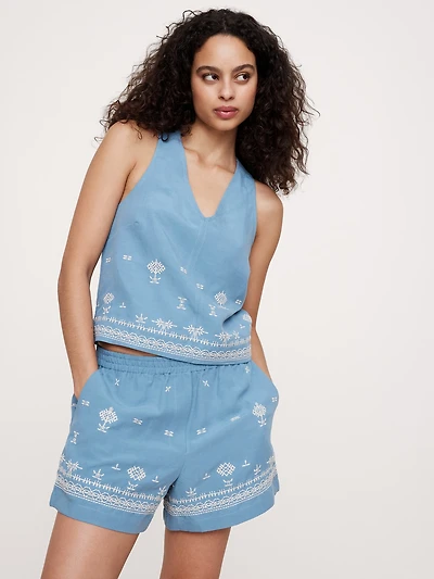 Embroidered Tencel™-Linen Cross-Back Tank