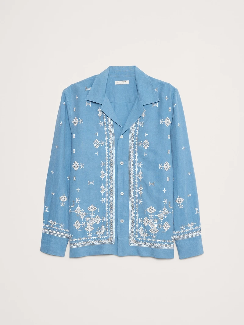 Standard-Fit Embroidered Tencel™-Linen Long-Sleeve Resort Shirt