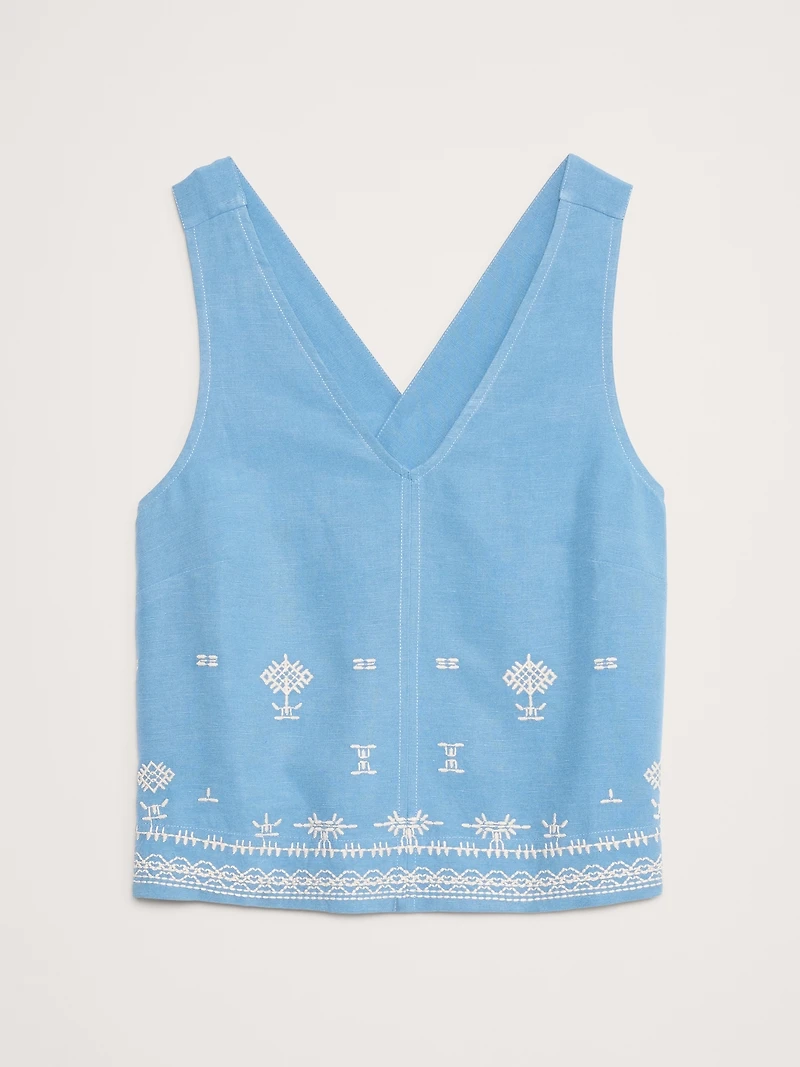 Embroidered Tencel™-Linen Cross-Back Tank