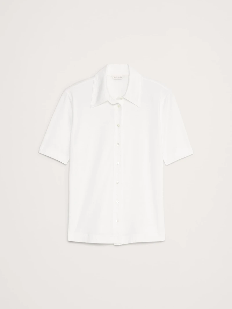 Silky Cotton Short-Sleeve Button-Down Top
