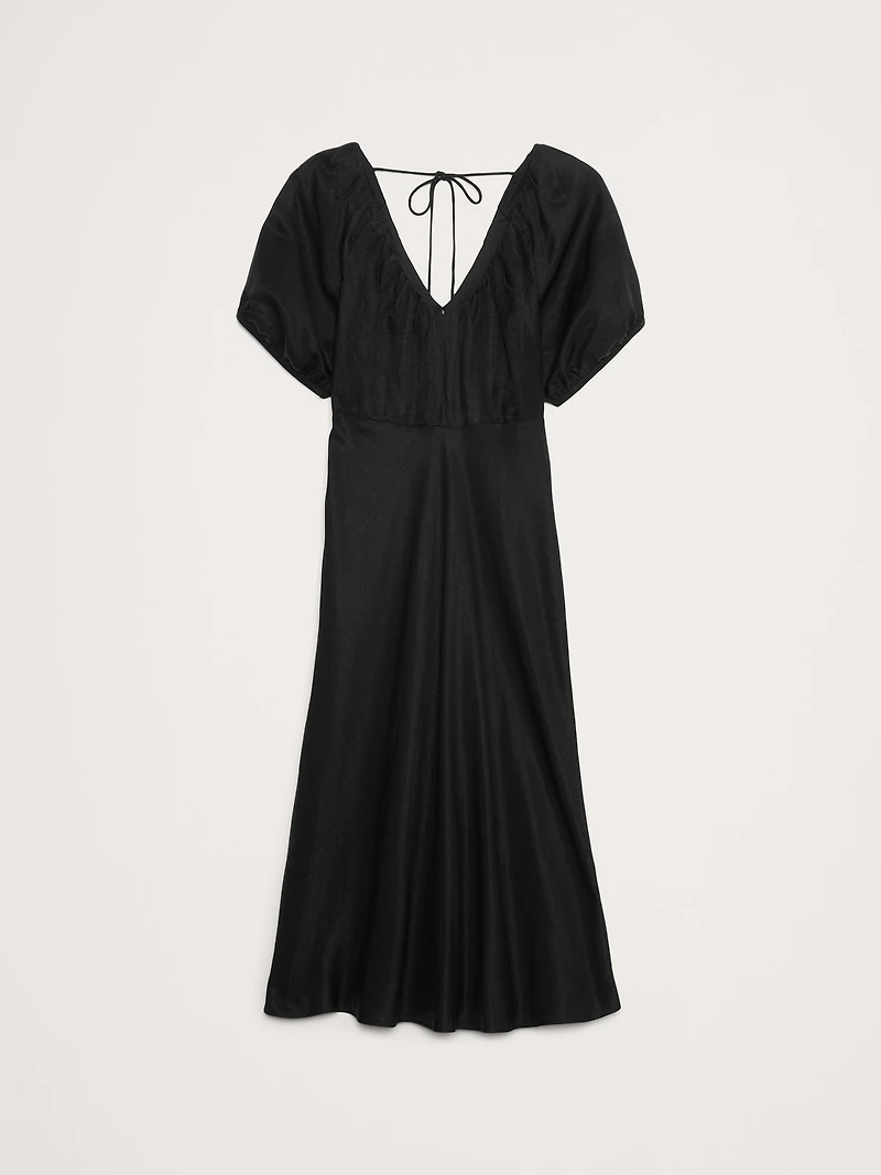 Viscose-Linen Ruched Long Midi Dress