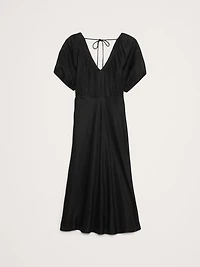 Viscose-Linen Ruched Long Midi Dress