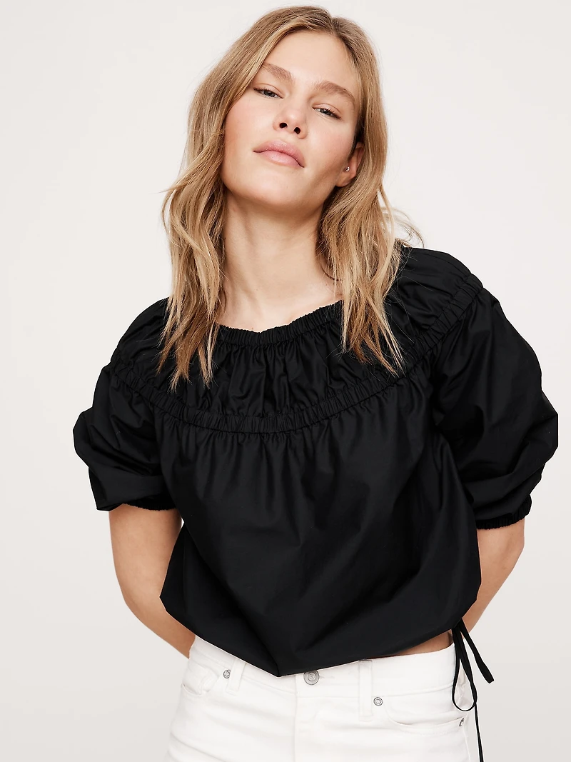 Cotton Poplin Ruched Bubble-Hem Top