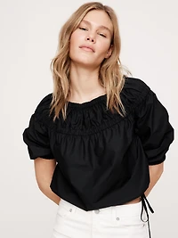 Cotton Poplin Ruched Bubble-Hem Top