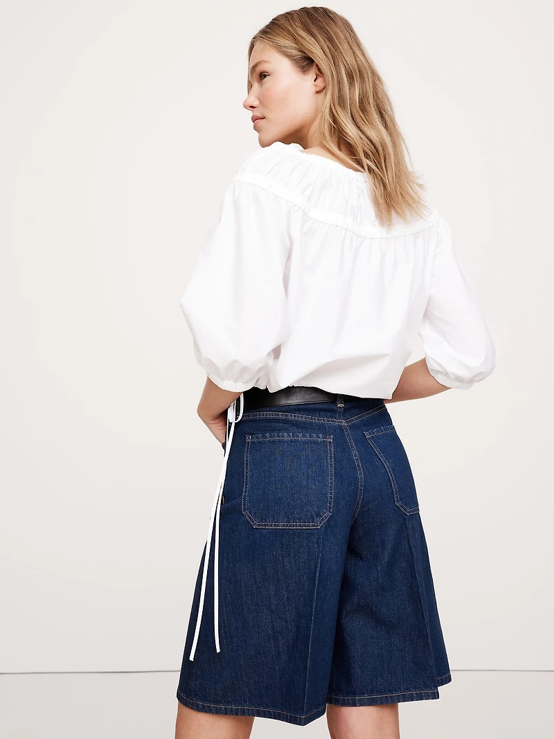 Cotton Poplin Ruched Bubble-Hem Top