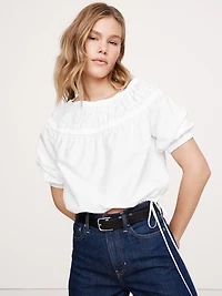 Cotton Poplin Ruched Bubble-Hem Top