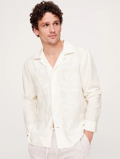Standard-Fit Embroidered Tencel™-Linen Long-Sleeve Resort Shirt