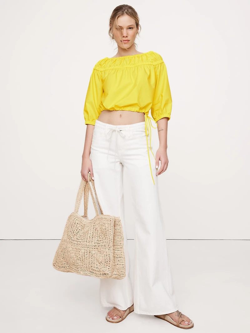 Cotton Poplin Ruched Bubble-Hem Top