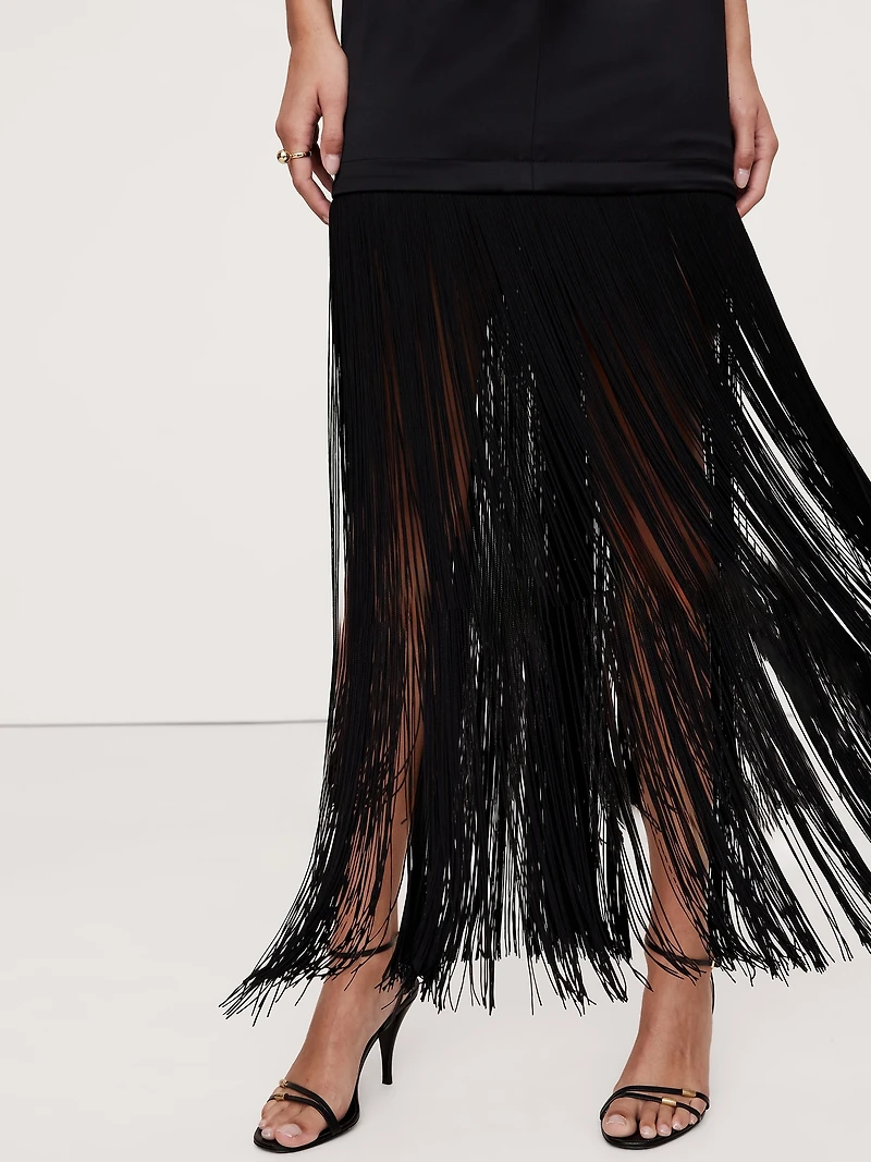 Fringe Stretch-Satin V-Neck Maxi Dress