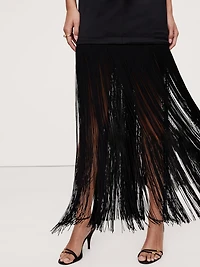 Fringe Stretch-Satin V-Neck Maxi Dress
