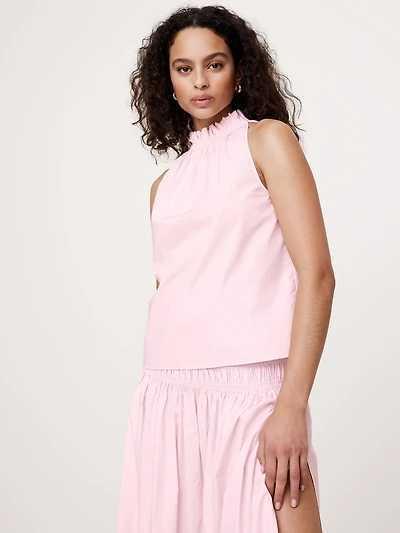 Cotton Poplin Ruche-Neck Top