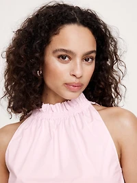 Cotton Poplin Ruche-Neck Top
