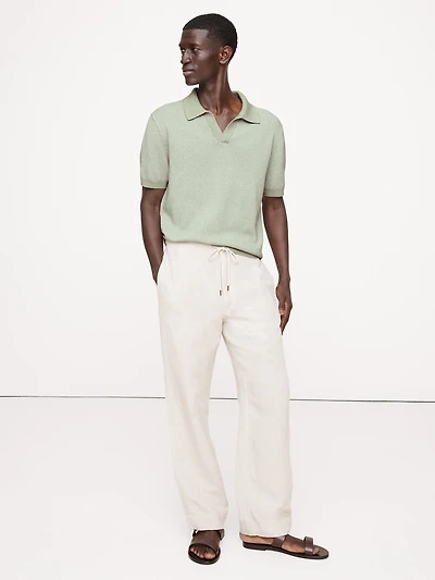 Cotton-Linen Johnny-Collar Sweater Polo