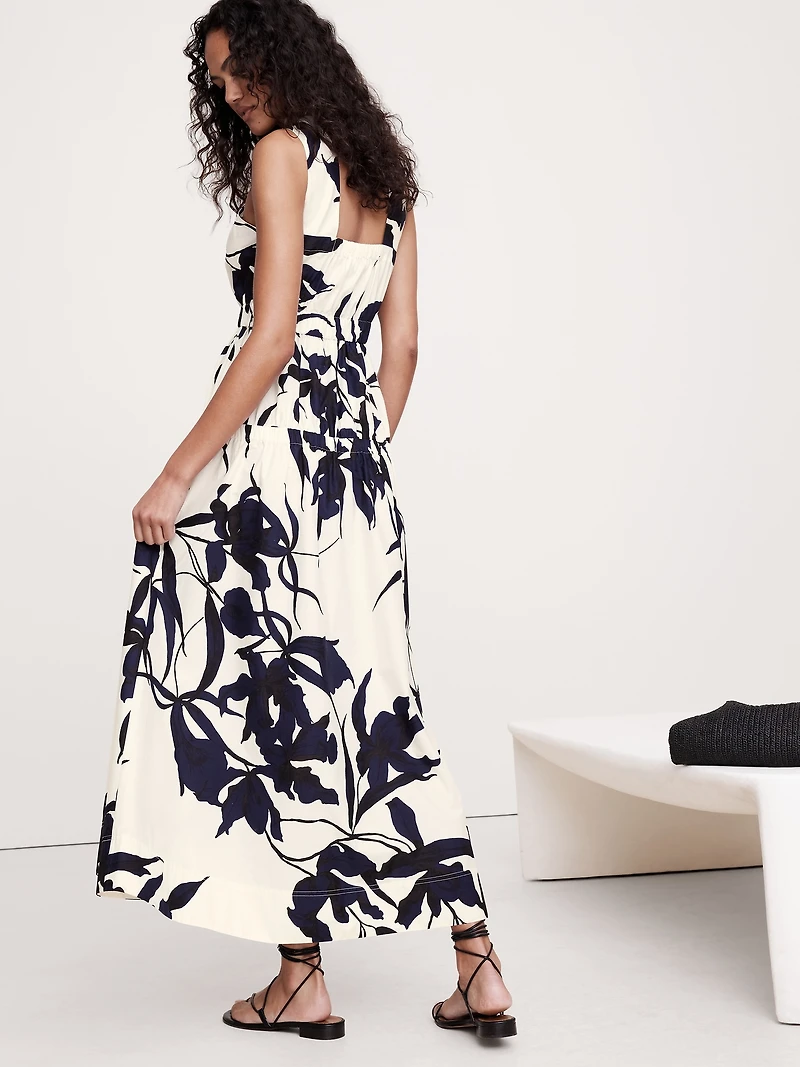 Cotton Poplin Ruched Drop-Waist Maxi Dress