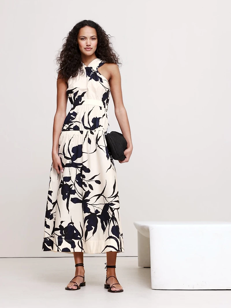 Cotton Poplin Ruched Drop-Waist Maxi Dress