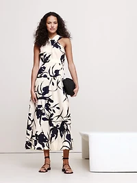Cotton Poplin Ruched Drop-Waist Maxi Dress