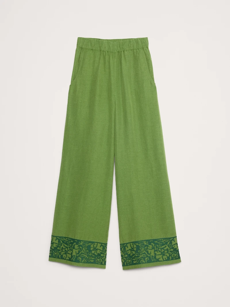 High-Rise Wide-Leg Embroidered Tencel™-Linen Pull-On Pant