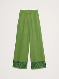 High-Rise Wide-Leg Embroidered Tencel™-Linen Pull-On Pant