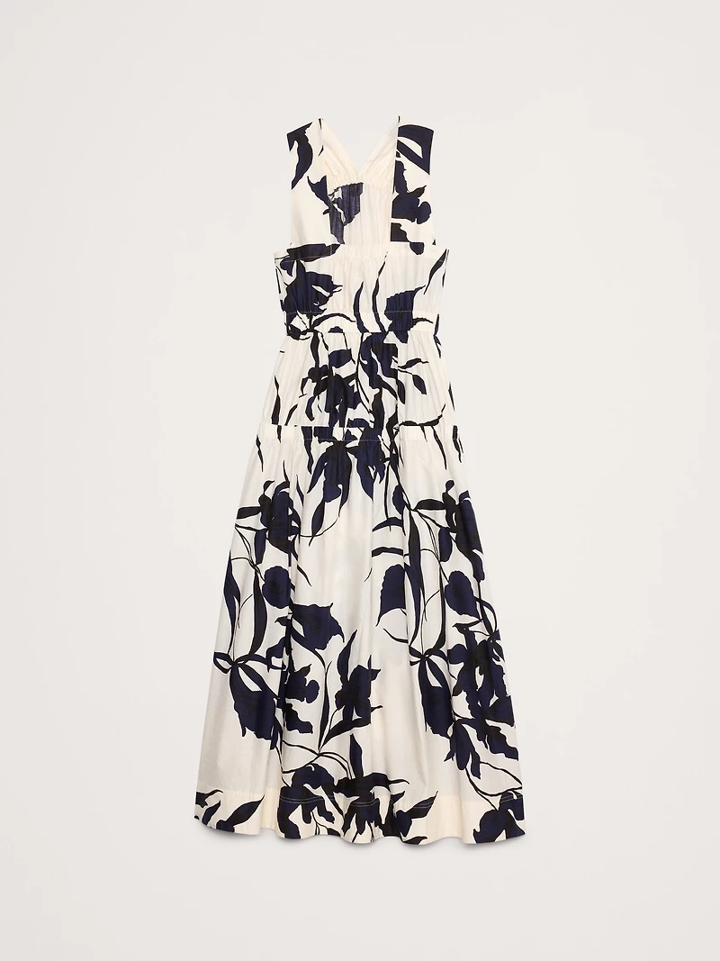 Cotton Poplin Ruched Drop-Waist Maxi Dress